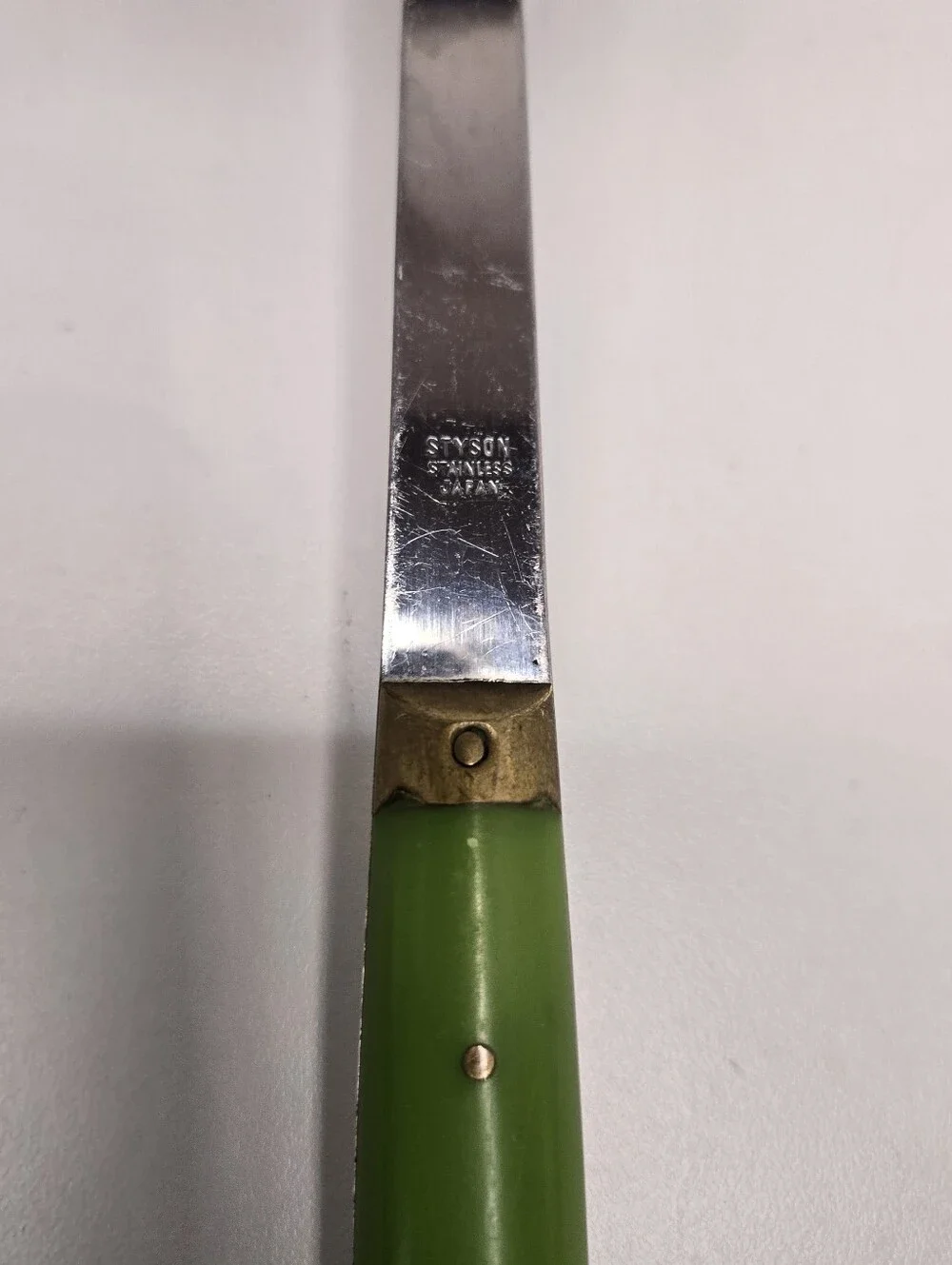 Vintage Styson Stainless Steel Kitchen Utensil Set MCM Japan Green Brass Accents